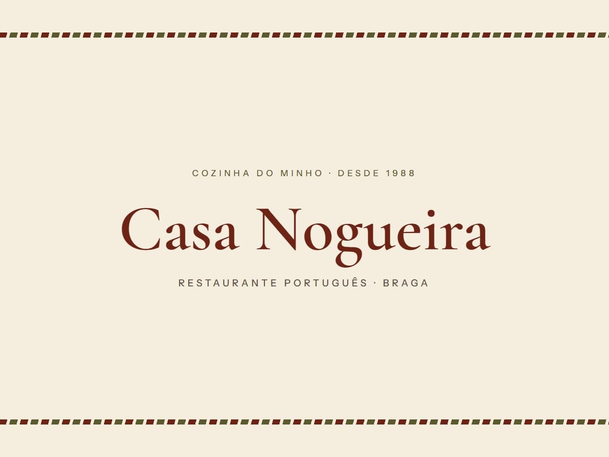 The Casa Nogueira lockup: serif wordmark on cream between two striped rules.