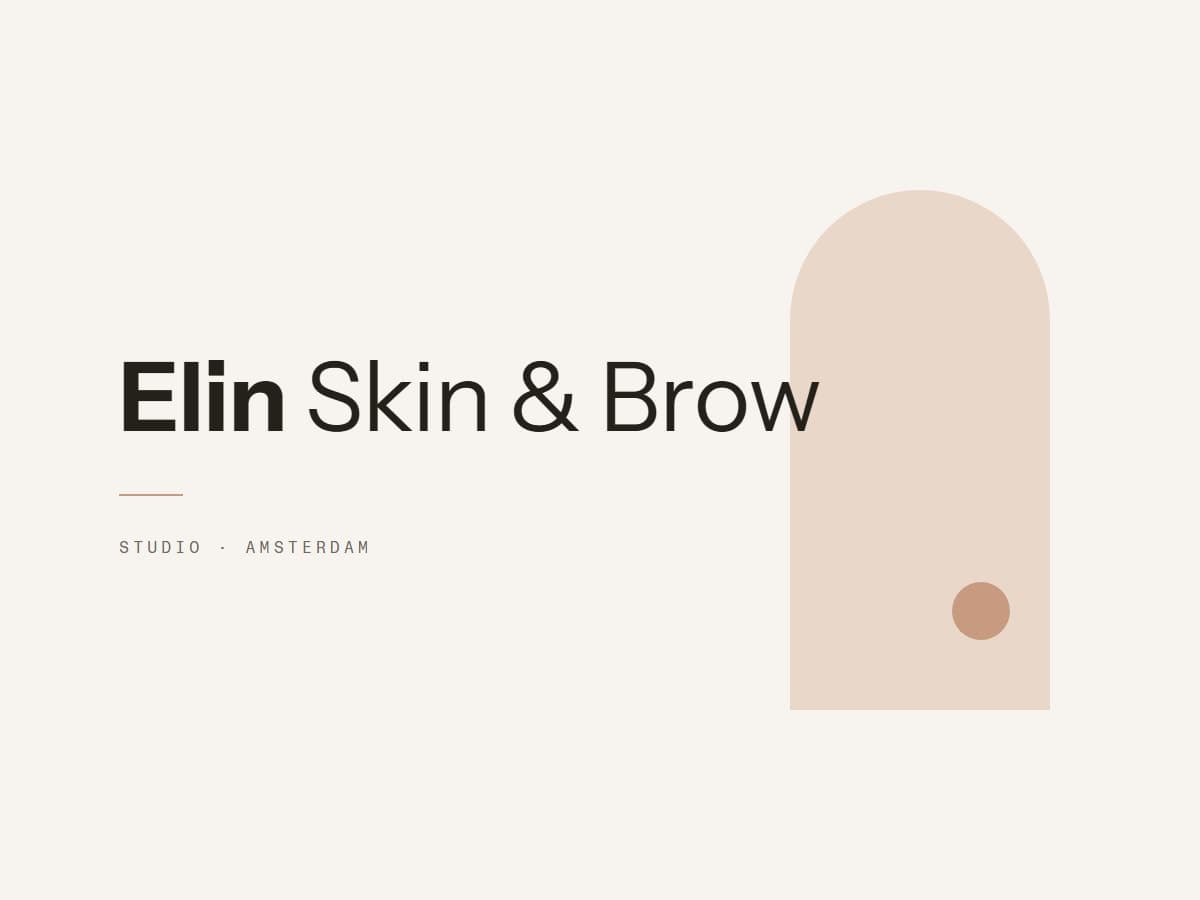 The Elin Skin & Brow lockup on off-white, beside a soft clay arch.
